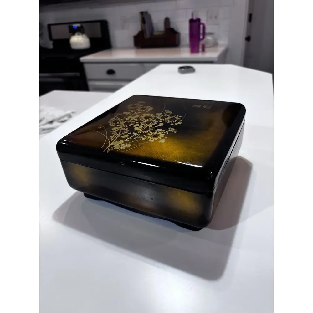 Vintage Japanese Lacquer Jewelry Writing Box Gold Floral MCM Chinoiserie Decor